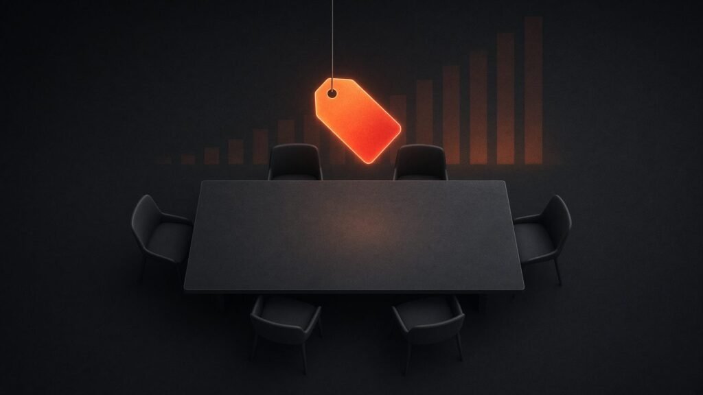 Dark conference table with empty chairs under a glowing orange price tag
