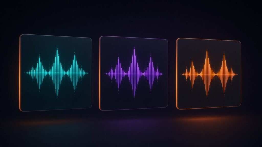 Three floating screens showing teal, violet, and orange audio waveforms on a dark background